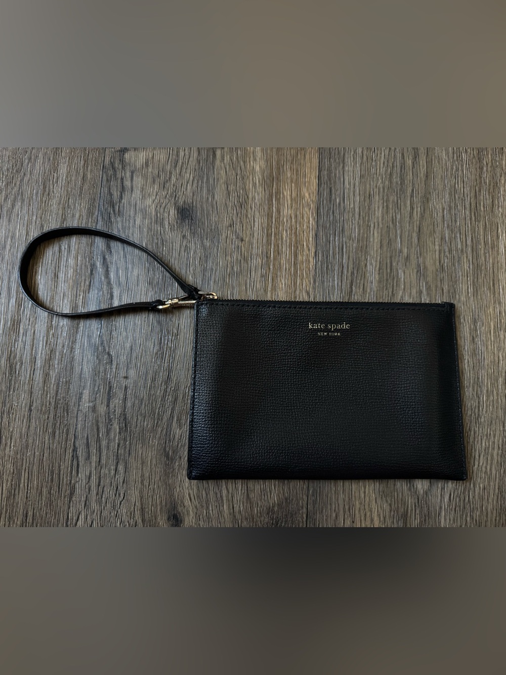 kate spade new york Black Zip Leather Wristlet Wallet w/ Strap Logo Solid